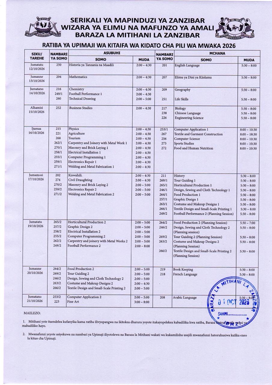 RATIBA YA UPIMAJI WA KITAIFA KIDATO CHA PILI MWAKA 2026